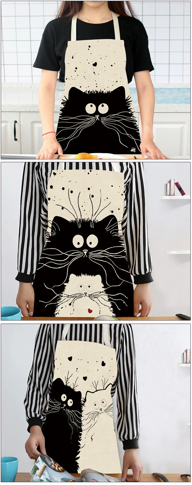 1Pcs Kitchen Apron Cute Cartoon Cat Printed Sleeveless Cotton Linen Aprons for Men Women Home Cleaning Tools 66*47cm