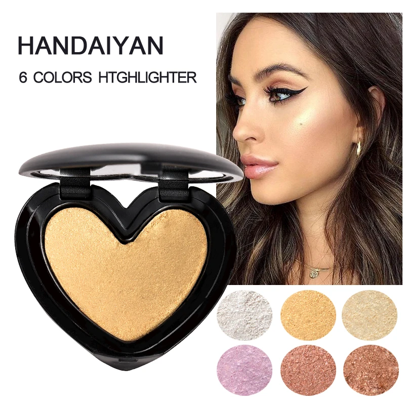 

HANDAIYAN Pressed Powder Highlighter Makeup 6 Colors Heart Shaped Iluminador Maquiagem Shimmer Shining Face Highlight Cosmetics