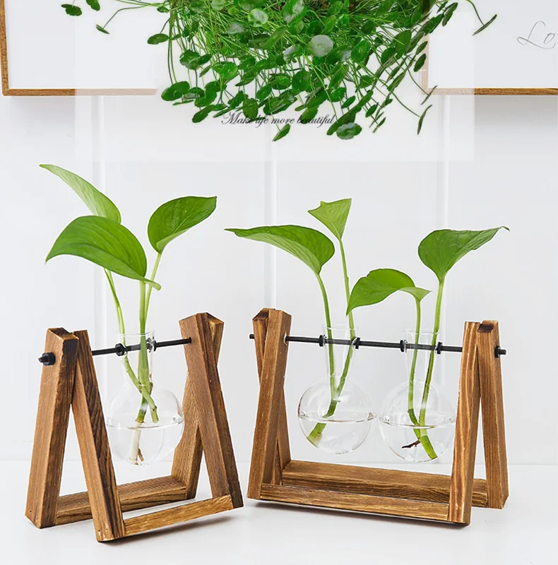

Transparent vase wooden frame vase decoration table glass bonsai plant flower decoration vase
