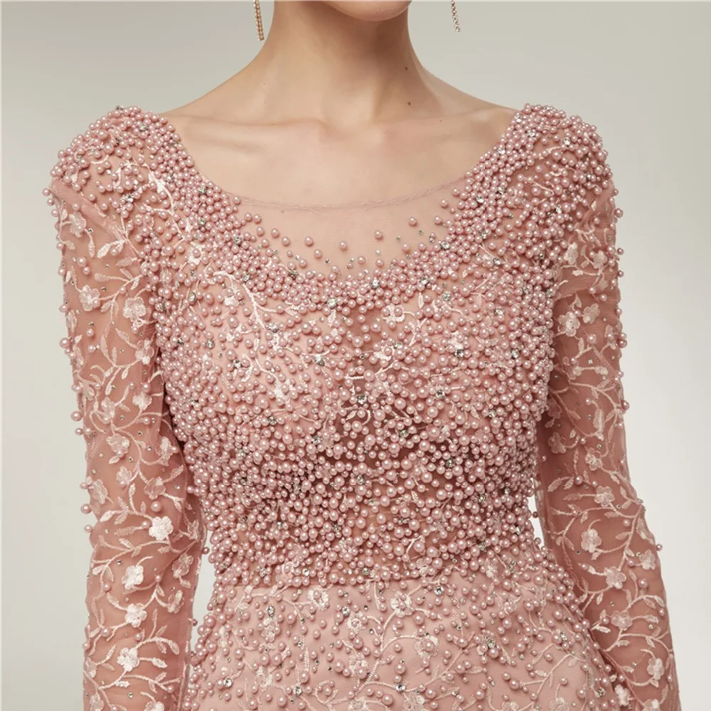 ANTI Saudi Arabic Illusion Pink Mermaid Evening Dress Long 2019 Dubai Turkish Scoop Neck Long Sleeve Backless Evening Gown LM182