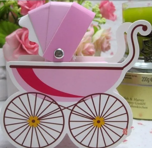 

100pcs choose one color pink/blue/yellow baby carriage paper candy box birthday party gift chocolate box packing favour box