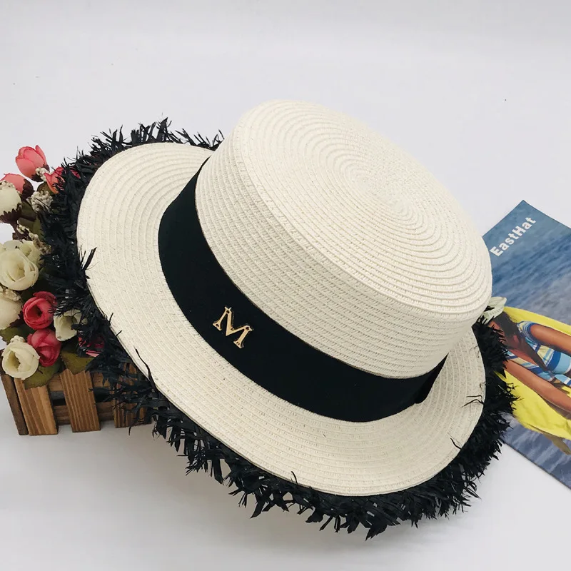 

Maison Michel Men Women Summer White Straw Hats Short Flat Brim M Letter Jazz Hat Beach Sun Trilby Bowler Hats Chapeu Feminino