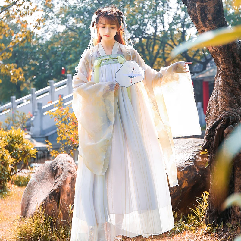 

Ancient Chinese Dress White Hanfu For Women Han Dynasty Costumes Folk Dance Chinese Clothing Tops+Dress Stage Costumes BL1182