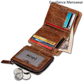 

Folding Short Men Wallet Genuine Leather Retro Men Wallets with Coin Pocket Zipper Anti-RFID Stealing Zipper Wallet for Men QQ