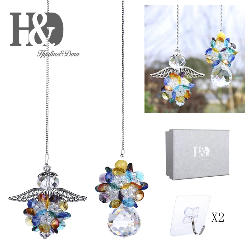 

H&D Crystal Suncatcher Angel Window Pendant Fengshui Rainbow Maker Sun Catcher for Home Decor,Pack of 2 (Multi-Color)