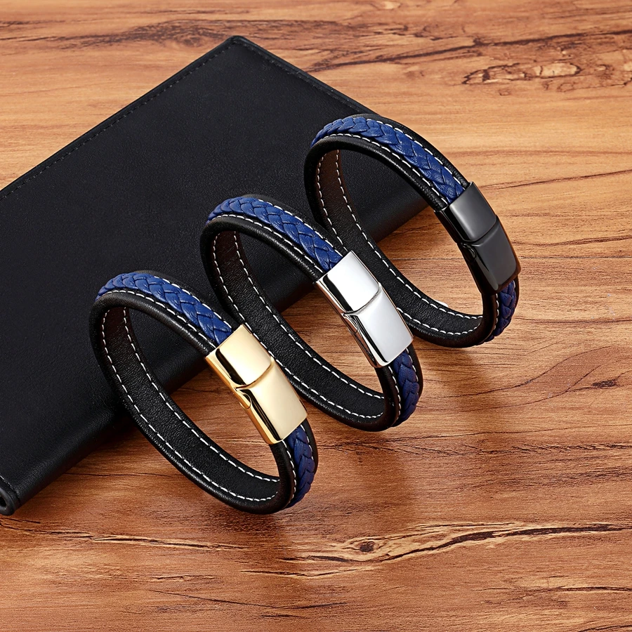 Черный/синий крест дизайн очаровательный кожаный браслет для мужчин плетеная веревка цепь нержавеющая сталь Магнитная застежка мужские подарочные браслеты 3 размера