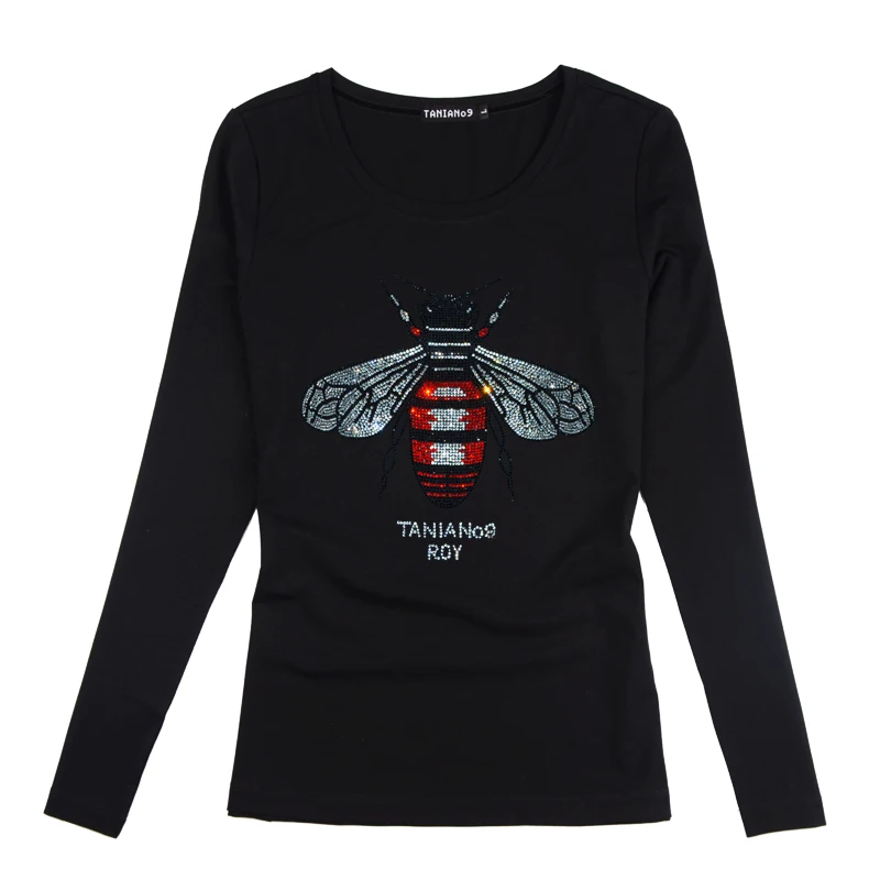 

Womens Bee T-shirts long sleeved Winter Shirts Fashion Rhinestones Top Tees high quality stretchy T shirt plus size black Tops