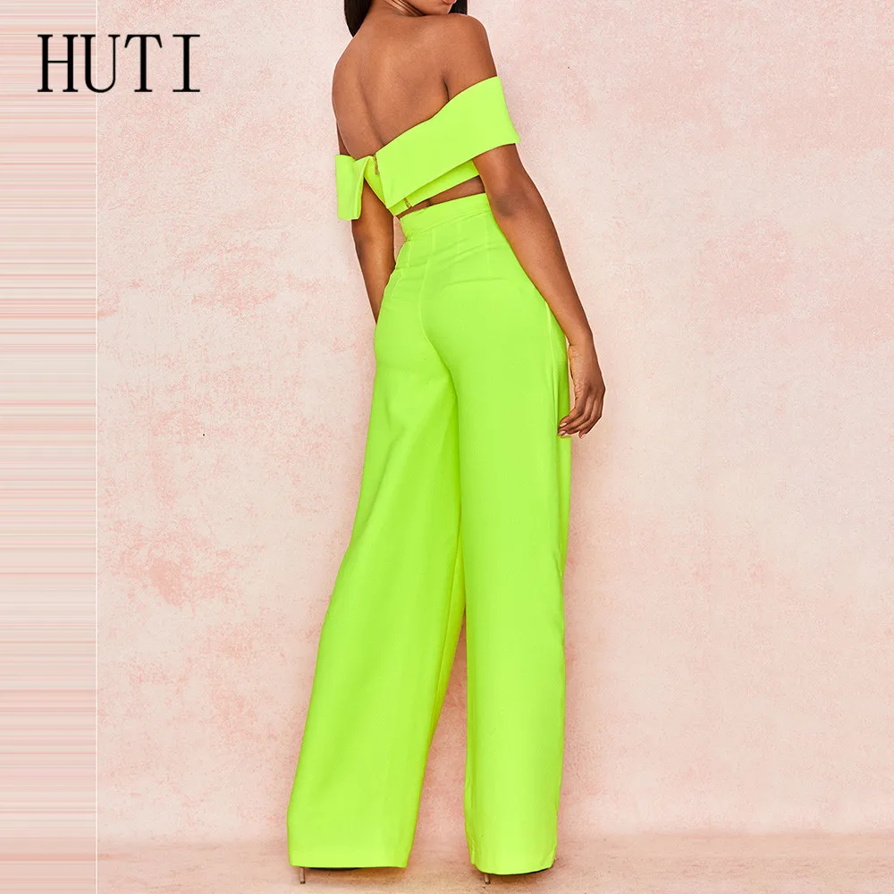 HUTI Off Shoulder Crop Top + Wide Leg Pants Trousers Women Elegant High Street Style Jumpsuits Summer Casual Combinaison Femme HUTI Off Shoulder Crop Top + Wide Leg Pants Trousers Women Elegant High Street Style Jumpsuits Summer Casual Combinaison Femme