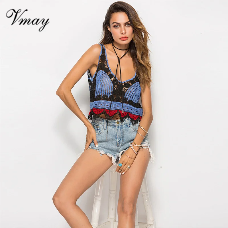 Vmay Women Bohemian Sexy Tank Tops 2018 Beach New Arrival Lace