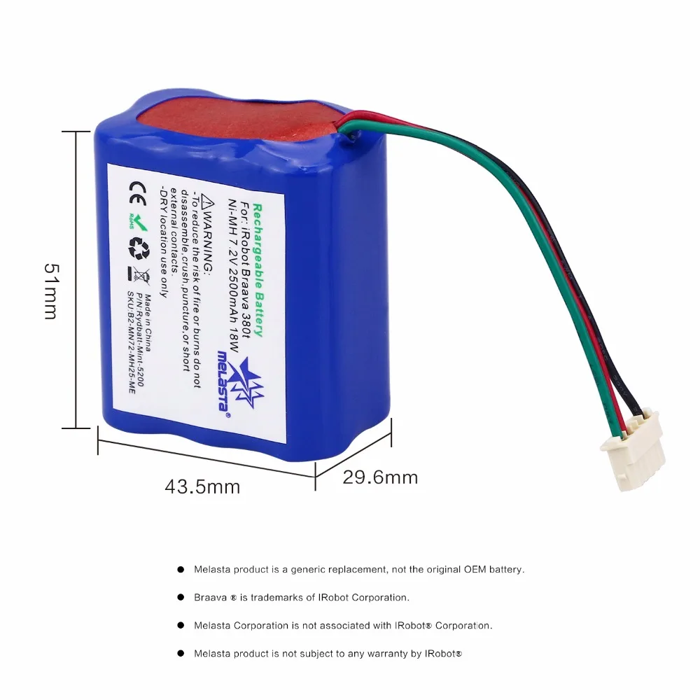 MELASTA 2 шт 7,2 V 2500mAh NiMH сменная батарея для iRobot Roomba Mint 5200 5200B 5200C Braava 380/380t 380j очиститель пола