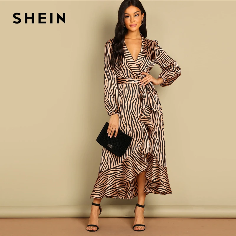 SHEIN Макси Платье С Анималистическим Принтом И Глубоким Вырезом Элегантное На