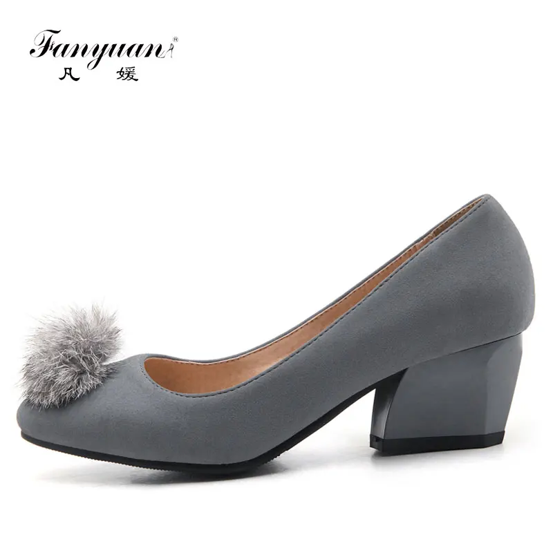 

Fanyuan Spring Faux Fur Woman Shoes Pumps Square Toe Ladies Shoes with Medium Heels Comfort Slip-On Women Dress Shoes Plus 32-47