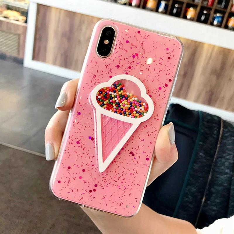 Мягкий силиконовый чехол для iphone XS Max 7 8plus блестящий розовый с 3d рисунком