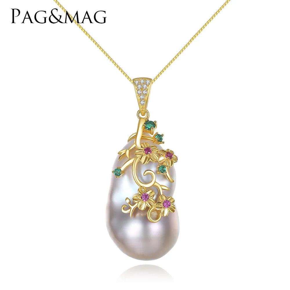 PAG MAG Brand Special Shaped Baroque Big Natural Pearl Pendant Women Necklace Sterling Silver Chain Each
