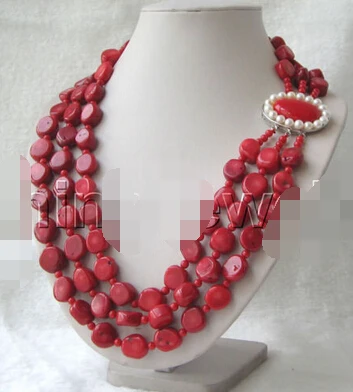 

Jewelr 006203 3row 12-15mm & 5mm round red coral necklace