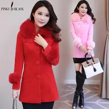 Мизинец-черное зимнее шерстяное пальто для женщин, модное однотонное однобортное пальто с меховым воротником, тонкая верхняя одежда, Женский Тренч