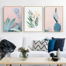 Nordic green plant decoration painting pink home model room painting cactus leaves hanging wall painting plant leaves in the vase printed tassel wall hanging painting