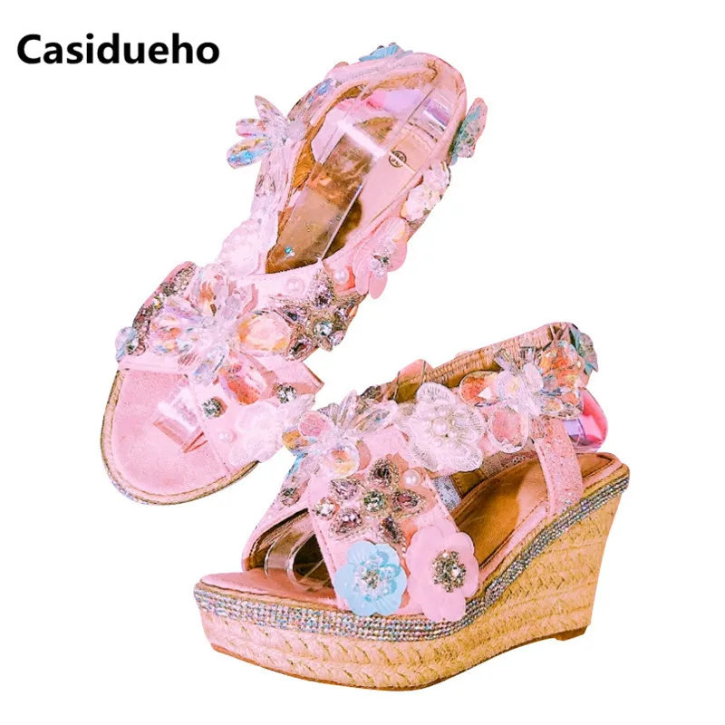 

Casidueho Women Platform Sandals Rhinestone High Heels Wedge Shoes Woman Sexy Peep Toe Pumps Handmade Big Size Gladiator Sandals