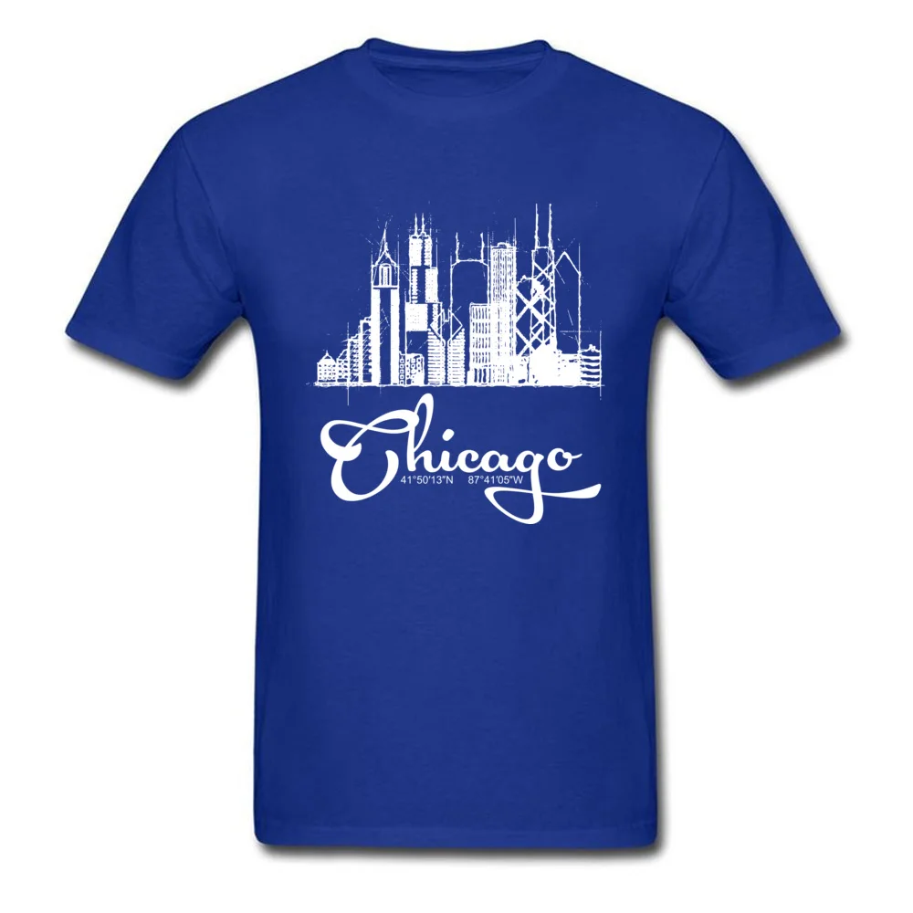 Design Pure Cotton Male Short Sleeve Tops Shirt Summer Summer/Autumn Top T-shirts Printed On Tee-Shirt Family Crewneck Chicago skyline sketch and GPS coordinates tee blue