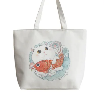 

White cat like this red fish Japanese Anime Canvas Tote bags Cartoon Shopping bag school Shoulder AN144