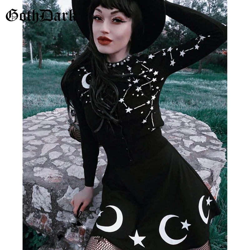 Goth Dark Aesthetic Grunge Black Print Dress Gothic Summer 2019 Punk Elegant Spaghetti Strap Backless Dresses Patchwork Fashion