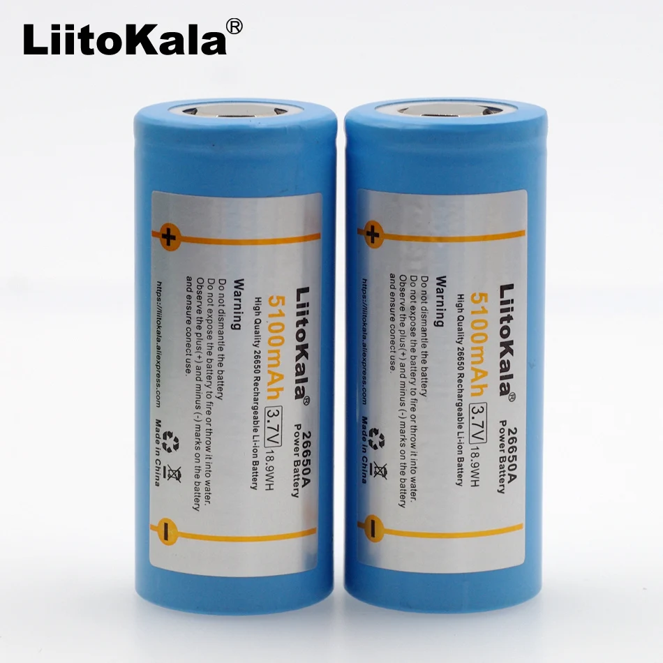 2 шт Liitokala 26650 аккумуляторная батарея, 26650A литиевая батарея, 3,7 V 5100mA 26650-50A синий. Подходит для фонарика
