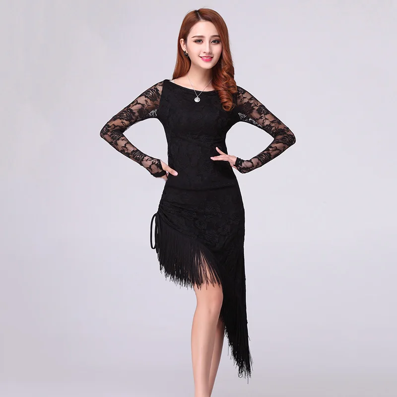 

Retail Latin Dance Dress Tassel Elegant Sexy Women Tango Ballroom Salsa Stage Dance Costumes Lace Patchwork Dancewear