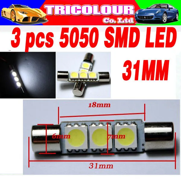 HK POST FREE!!! 31mm 3 SMD 6641 LED Car Vanity Mirror Light Bulb