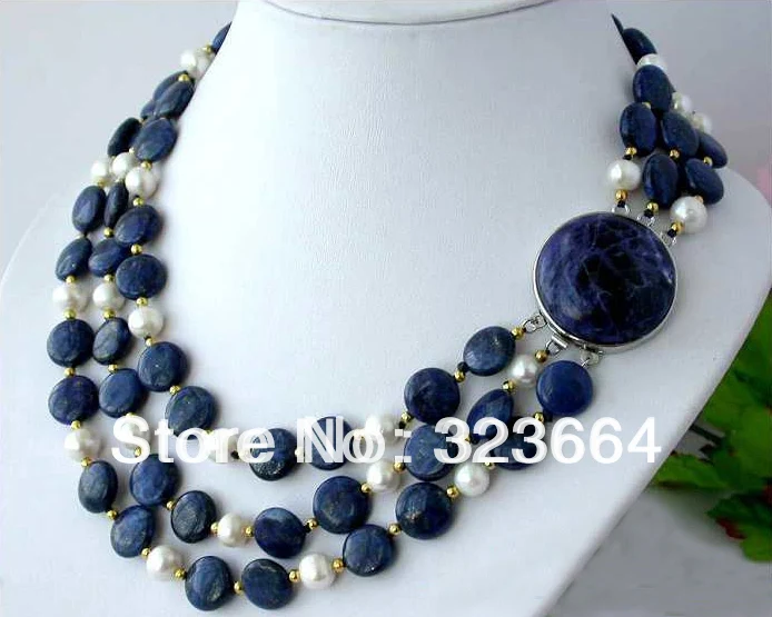 

3ROW 12MM NATUREL blue coin lapis lazuli pearl NECKLACE