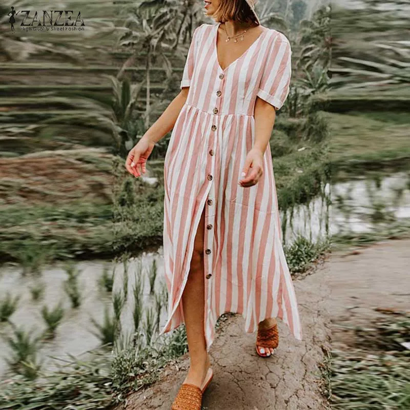 

2019 Vintage Bohemian Dress Women Casual Stripe Print Vestidos ZANZEA Ladies Elegant Buttons Down Dress Femme Long Shirt Robe