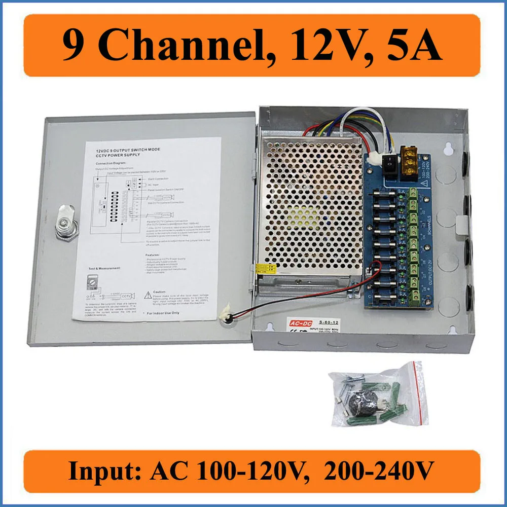 

9CH Port DC12V 5A CCTV Camera Power Box Adapter Switching Power supply Box Distribution 9 channel Input AC 100-240V to DC 12V