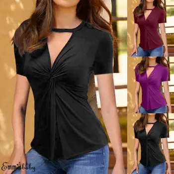 

Women V Neck Casual Short Sleeve Tops Ladies Scrunch Choker Slim Blouse