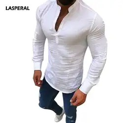 LASPERAL плюс Размеры 3XL Для мужчин социальной рубашка Повседневное Кнопка белье Для мужчин s Костюмы модные однотонные с v-образным вырезом и