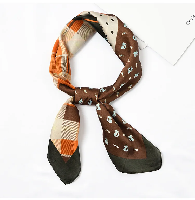 

Yishine 70*70 CM Women Multifunction Polyester Silk Scarf Plaids Cats Prints Small Square Wraps Scarves Shawl