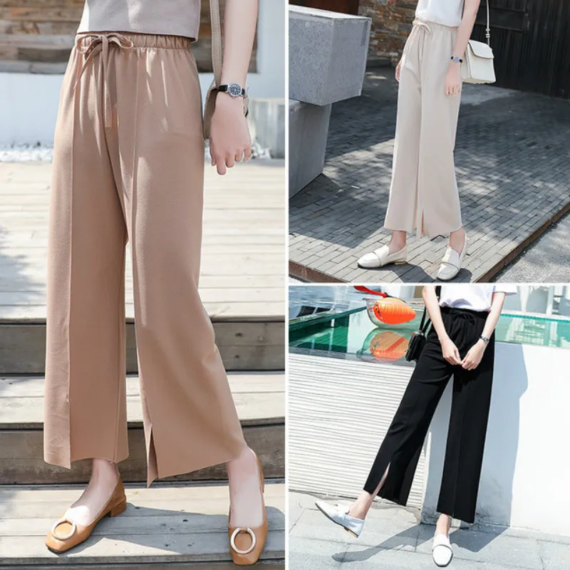 

Wide leg pants female spring summer 2019 new Korean loose wild nine points straight pants split fork chiffon casual pants woman