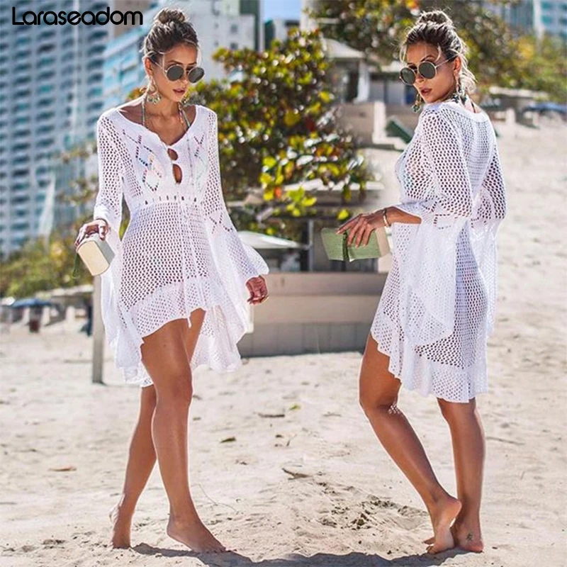 

2019 Summer Women Beachwear Sexy White Crochet Tunic Beach Wrap Dress Woman Swimwear Swimsuit Cover-ups Bikini Cover Up#Z015