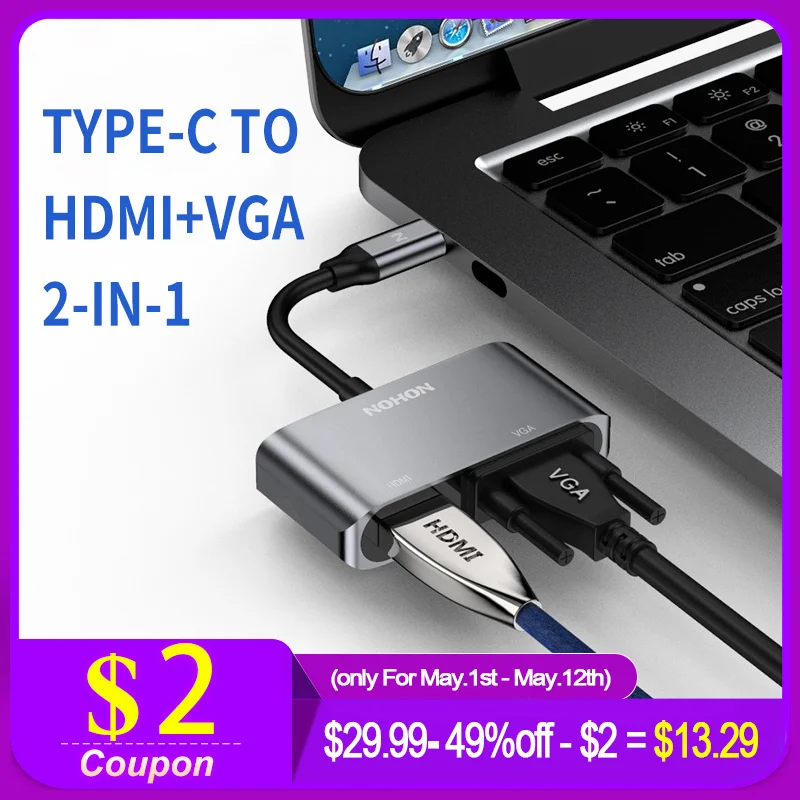 

NOHON USB Type C to HDMI VGA 2 IN 1 HUB Adapter For MacBook Laptop Samsung S9 Note9 Huawei P20 Mate10 Pro USB-C Converter