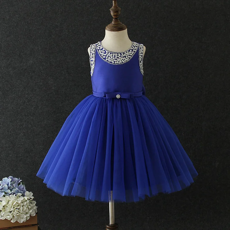 Новое Модное детское платье принцессы с цветочным рисунком для свадебной вечеринки; красивое платье для девочек; платье из крепа с бусинами для банкета - Цвет: shy blue