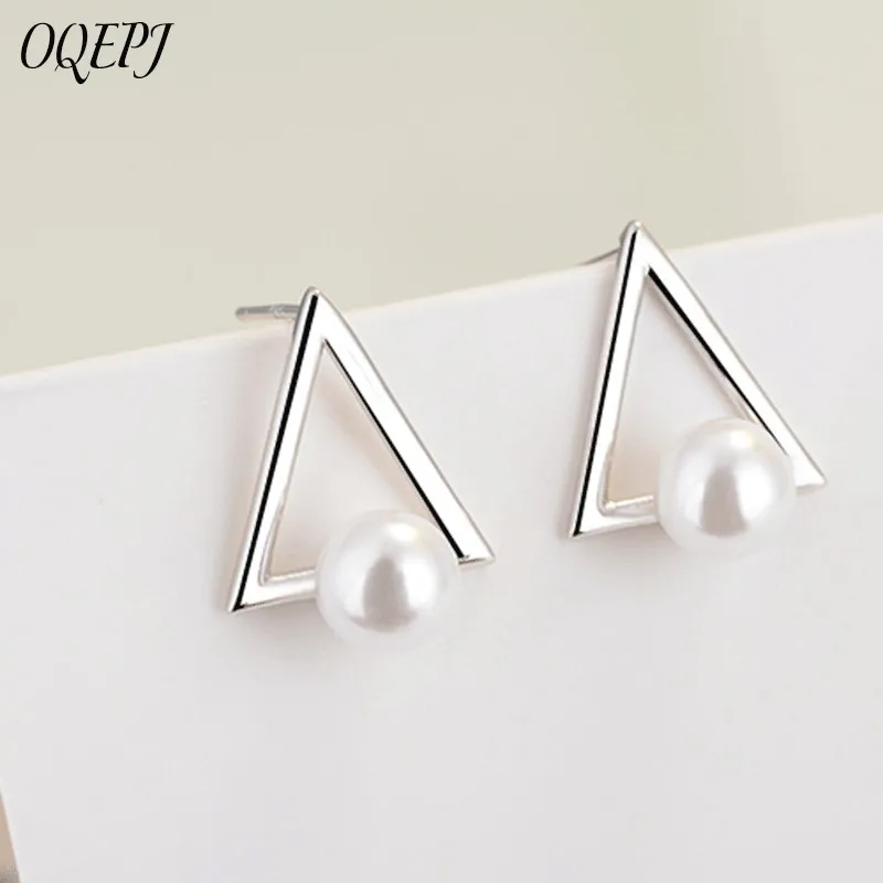 

OQEPJ Trendy Triangle Artificial Pearl Earrings 925 Sterling Silver Charms Silver Color Earrings High Quality Jewelry For Women