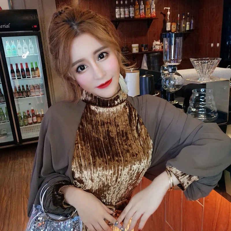 New Autumn Dress Brand Fashion Runway Designer Velvet dress chiffon lanterns sleeve gold velvet dress