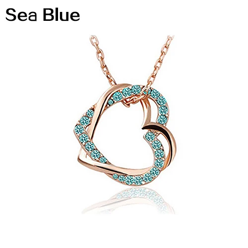 

Hot Double Love Heart Lady Rhinestone Pendant Chain Necklace Clavicle Jewelry