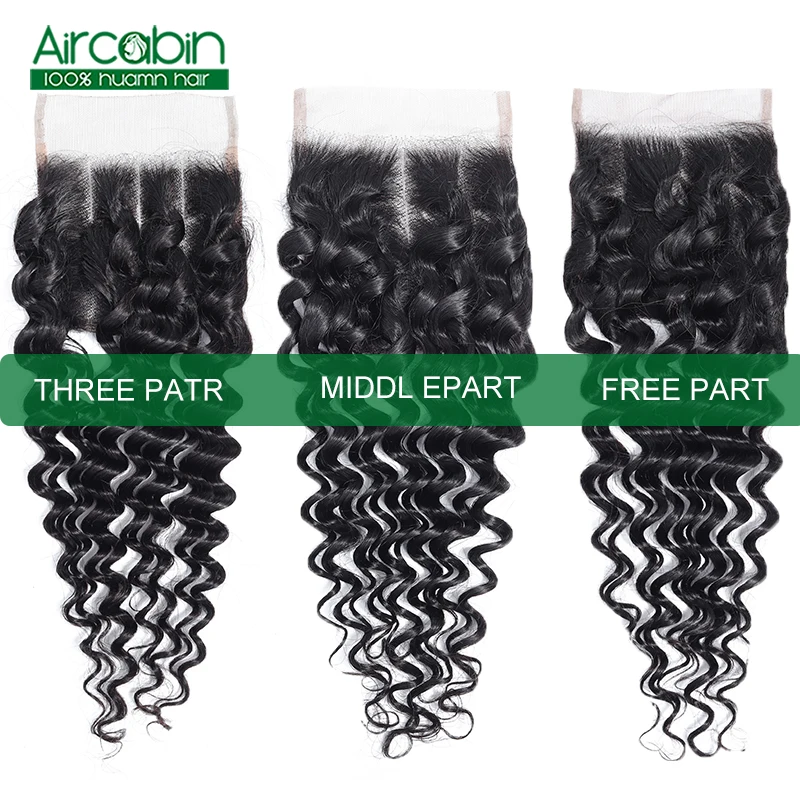 Brazilian Deep Wave Bundles with Closure Human Hair 3 Bundles with Lace Closure Bleached Knots AirCabin Non Remy Extensions