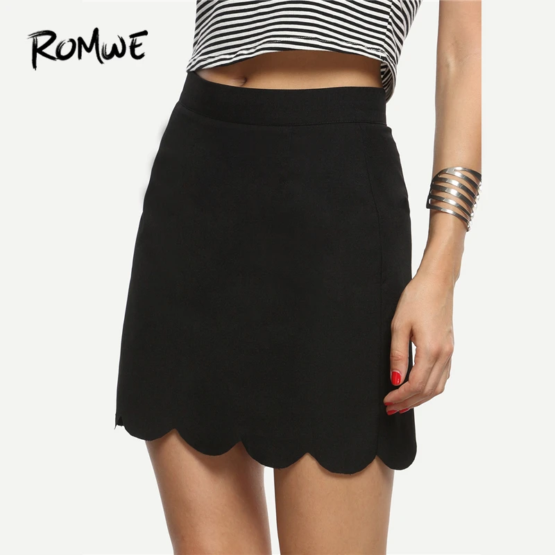 

ROMWE Black Scalloped Hem A-Line Skirt Women Summer Mid Waist Clothing Female New Fashion Plain Above Knee Short Skirt