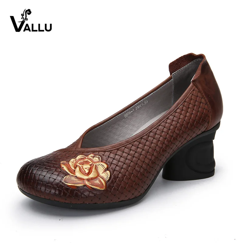 Flower High Heel Shoes Woman 2018 Natural Leather Pumps Block Heel Woven Female Round Toe Heeled Shoes Vintage Style цена Flower High Heel Shoes Woman 2018 Natural Leather Pumps Block Heel Woven Female Round Toe Heeled Shoes Vintage Style цены онлайн