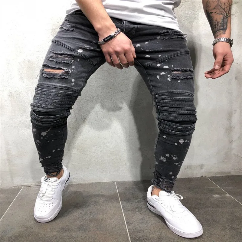 Men's Ripped Long Pants Casual Skinny Hole Slim Fit Denim