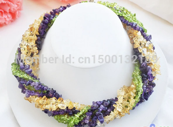 

j005473 9row 19" green lemon quartz citrine amethyst detritus necklace