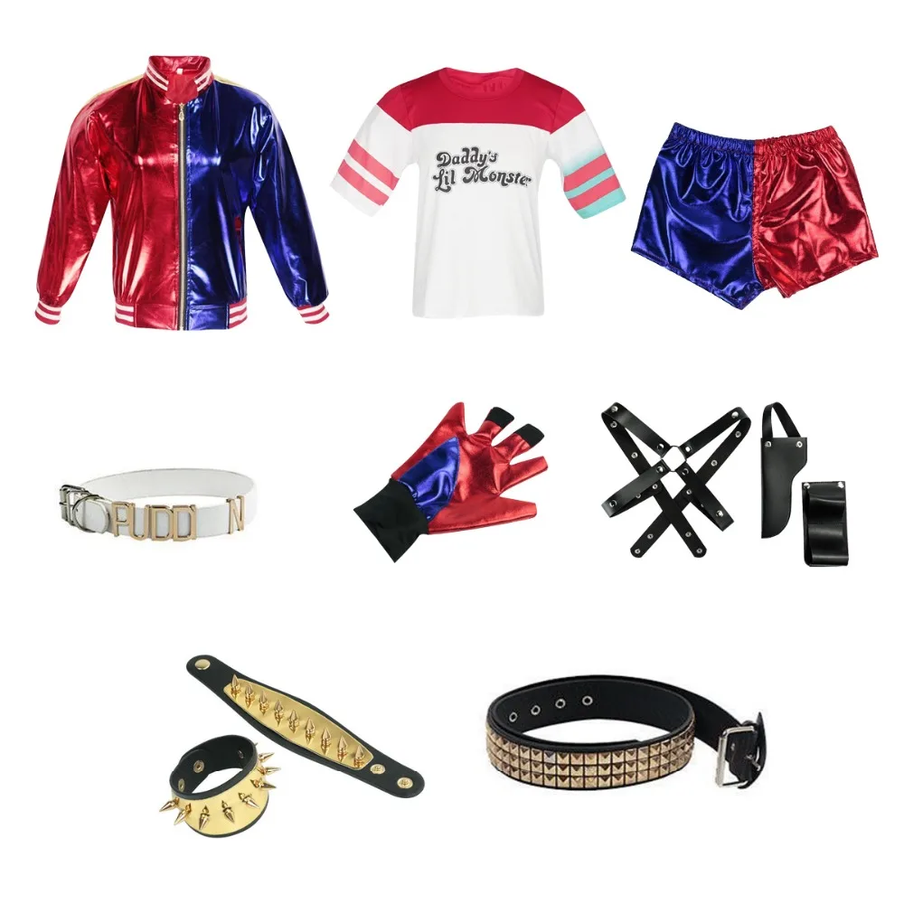 

Suicide Squad Harley Quinn Cosplay Costume T Shirt Top Jacket Pants Wrist guards Collar Belt Glove Accessories Full Set