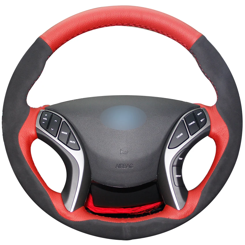 Red Natural Leather Black Suede Car Steering Wheel Cover for Hyundai