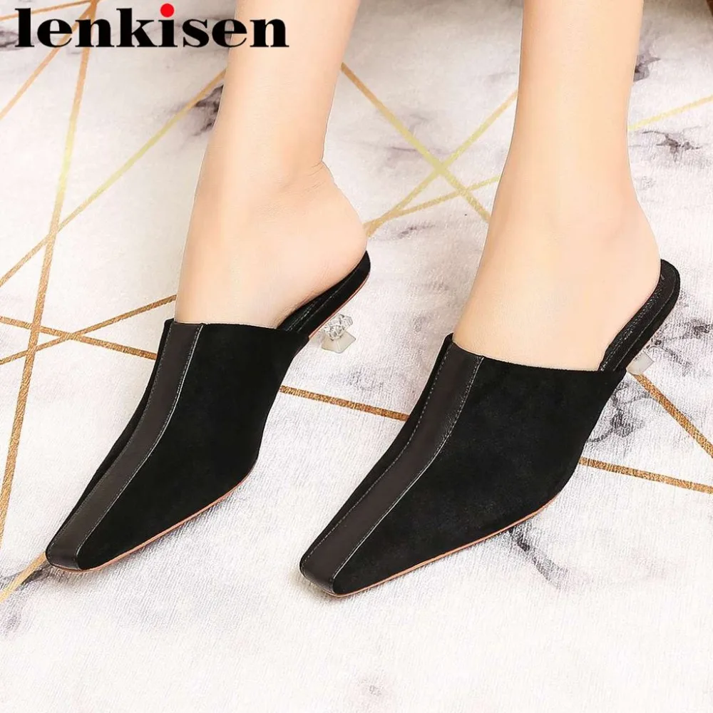 

Lenkisen concise style sheep leather vintage square toe slip on mules crystal med heels wedding lazy woman leisure pumps L01