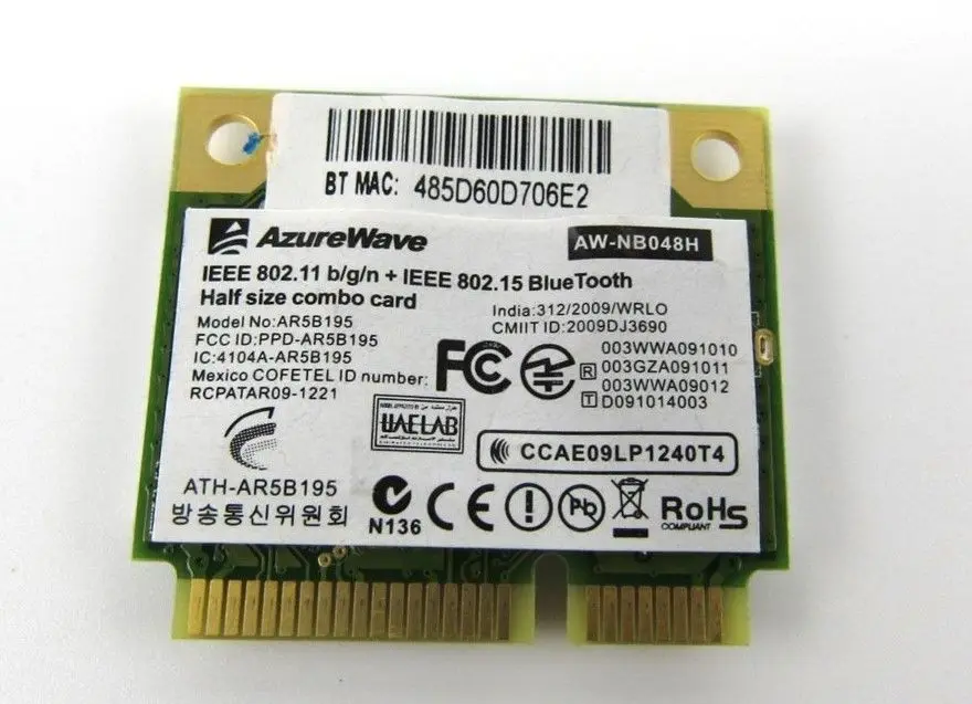 

Card for Dell DW1702 AzureWave AR5B195 802.11n Wireless Bluetooth PCIe AR9285 AW-NB048H P15M5